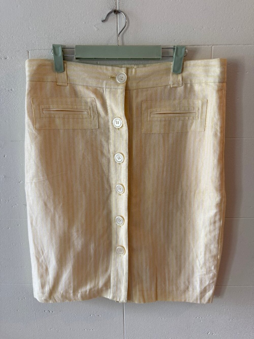 Vintage | Deadstock Striped Button Front Butter Yellow Midi Skirt | Size 10